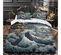 VOXYTMLWG Japanese Temple Linge de Lit 3D Effet Microfibre Résistante 3 Pièces Éclair Super Douce Océan Vague Parure de Lit Confortable Hypoallergique for Garçon King（220x240cm）