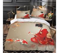 VOXYTMLWG Japanese Woman Housse de Couette 3D Effet Microfibre 3 Pièces Éclair Douce Traditional Rouge Kimono Ensemble De Literie Ultra Douce Léger for Couple Double（200x200cm）