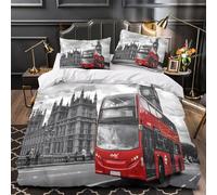 VOXYTMLWG London Bus Parure de Lit 3D Effet Microfibre Hypoallergique 3 Pièces 2xTaies Ultra Douce Cityscape Travel Parure de Lit Léger Résistante for Ado Single（135x200cm）