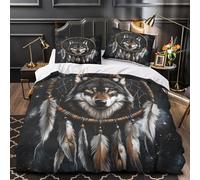 VOXYTMLWG Loup Dreamcatcher Linge de Lit 3D Imprimée Microfibre Résistante 3 Pièces 2xTaies Super Douce Native American Parure de Lit Hypoallergique Résistante for Fille Double（200x200cm）