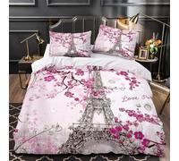 VOXYTMLWG Paris Eiffel Tower Parure de Lit 3D Imprimée Microfibre 3 Pièces Éclair Douce Romantic Rose Blossom Ensemble De Literie Respirante Résistante for Enfant Double（200x200cm）