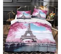 VOXYTMLWG Paris Landmark Housse de Couette Microfibre Hypoallergique 3D Imprimé 3 Pièces Taie Ultra Douce Cherry Blossom Linge de Lit Respirante Entretien Facile for Adolescent Double（200x200cm）