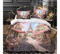 VOXYTMLWG Paris Street Housse de Couette Microfibre Hypoallergique 3D Effet 3 Pièces Taie Ultra Douce Cherry Blossom View Parure de Lit Léger Résistante for Garçons Filles Double（200x200cm）