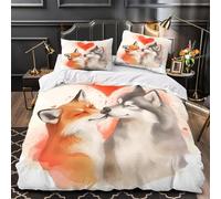 VOXYTMLWG Renard and Loup Kiss Housse de Couette 3D Imprimé Microfibre Résistante 3 Pièces 2 Taies Super Douce Romantic Animal Parure de Lit Confortable Entretien Facile for Ado King（220x240cm）