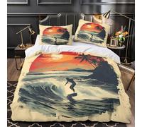 VOXYTMLWG Surfer Riding Vague Housse de Couette 3D Effet Microfibre 3 Pièces Taie Super Douce Tropical Coucher de Soleil Linge de Lit Léger Hypoallergique for Adulte Enfants Filles Double（200x200cm）