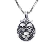VOYADE Pendentif Famille Crâne En Étain Pur Dark Style, Collier Pendentif Hip Hop Personnalisé En Étain Pur Pour Hommes,Argent,Pendant + Chain 60cm