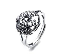 VOYADE S925 Sterling Silver Yearly Lotus Ring, Vintage Ethnic Carp Live Couple Ring,Argent,8