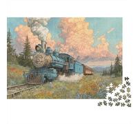 Voyage en Train Vintage - Train à Vapeur Bleu dans Une Prairie - Puzzle de 1000 pièces en Carton 100% recyclé - 52 x 38 cm - Idéal pour Le développement cérébral des Adultes et des Enfants