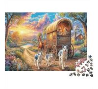 Voyage en Wagon Papier résistant Wagon Couvert avec Chevaux dans la Campagne Puzzle Anti-Stress Cadeau d’Anniversaire 70x50cm/1000 pièces