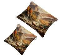 Voyage Light : 2 pcs Sunset Mountain Deer-1332 Sac Shrapnel Sac - Rouge à lèvres et rangement de petits objets, multicolore, A：7.1x5.8in/18x14.8cm，B:4.7x4.5in/12x11.5cm