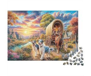Voyage Occidental Set Puzzle 1000 Pièces pour Hobbyistes, Papier Épais,Chien de Wagon Couvert Décoration Intérieure, Cadeau Nouvel an, Relaxation Maison, Jeu Cérébral 38x26cm/1000pcs