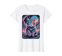 Voyage psychédélique du Chat céleste T-Shirt Graphique avec Valeur, Femme, Blanc, S