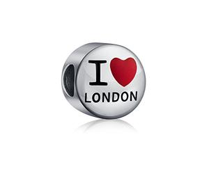 Voyage Tourisme Angleterre Royaume-Uni Mots Cœur J'Aime Londres Charme Perle Pour Femmes Adolescents Émail Argent Sterling .925 Convient Au Bracelet Européen