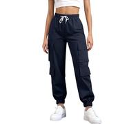 Voylansi Pantalon cargo droit à jambe large pour femme - Pantalon cargo extensible - Pantalon de travail - Couleur unie - Plusieurs poches avec sangle réglable - Élastique à la cheville et à la taille