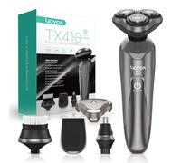 VOYOR Rasoir Electrique Homme Rechargeable 4 in 1 Tondeuse Barbe à têtes Rotatives Professionnel Tondeuse à Nez avec Brosse Visage de Voyage Sans fil et IPX6 Etanche TX410 (Gris)