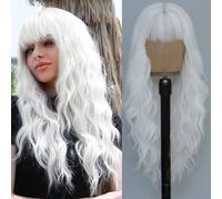 VOZIFAXIU Perruque blanche avec frange pour femme de 66 cm de long, perruque synthétique ondulée, résistante à la chaleur, pour un usage quotidien et une fête