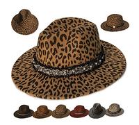 VPbao Chapeau Panama Fedora Trilby with Bande en Cuir/Perles Bord Large Cérémonie Cocktail Jazz Western (37 Couleurs) Feutre Léopard Kaki
