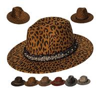 VPbao Chapeau Panama Fedora Trilby with Bande en Cuir/Perles Bord Large Cérémonie Cocktail Jazz Western (37 Couleurs) Feutre Léopard Abricot