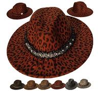 VPbao Chapeau Panama Fedora Trilby with Bande en Cuir/Perles Bord Large Cérémonie Cocktail Jazz Western (37 Couleurs) Feutre Léopard Bordeau