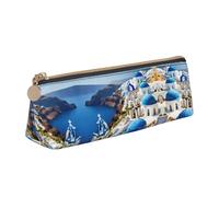 VPPUR Petite trousse à crayons triangulaire avec fermeture éclair pour outils d'écriture Motif île grecque vue sur la mer, blanc, One Size