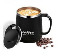 VPRO Tasse à café 350ml - Gobelet isotherme à double paroi en acier inoxydable, Noir, avec couvercle coulissant et poignée (Noir)