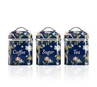 VQ Ensemble de 3 bocaux de rangement pour thé, café et sucre Laura Ashley, motif marin Elveden, élégante boîte de rangement en fer-blanc avec couvercle (Marine Elveden)