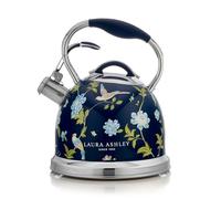 VQ Laura Ashley Elveden Bouilloire sifflante en acier inoxydable pour induction, cuisinière à gaz ou autres - Poignée froide avec revêtement en silicone et mécanisme à bouton-poussoir - Bleu marine