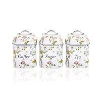 VQ Laura Ashley Ensemble de Boîtes à Thé, Café et Sucre - Lot de 3 Boîtes de Rangement en Acier Inoxydable avec Couvercles Amovibles - Pots de Cuisine Imprimés - Motif Elveden White