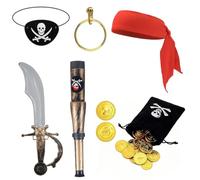 VQPJ 7 Pièces Accessoires Pirate, Bandeau Cache Oeil Longue Vue Epée Boucle Oreille Bourse Pièces Or, Costume Adulte Enfant Thème Livre D'histoires Fête Costumée Jeu Rôle, Noir Rouge