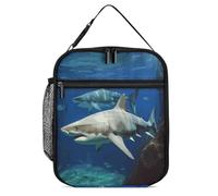 Vqqkasmn Sac à déjeuner isotherme portable avec deux requins blancs imprimés avec poche latérale en maille, résistant à l'eau, étanche, sac isotherme doux durable pour homme et femme pour le travail