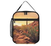Vqqkasmn Sac à déjeuner isotherme portable, sac fourre-tout isotherme motif cactus au coucher du soleil, affiche imprimée avec poche latérale en maille, étanche, sac isotherme doux durable pour homme