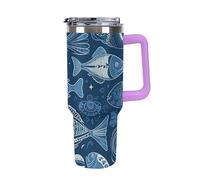 Vqqkasmn Tasse de voiture avec poignée - Bouteille d'eau en acier inoxydable 304 - Motif poissons et coquillages - Grande capacité - Bouteille de voyage isotherme - Pour thé, café