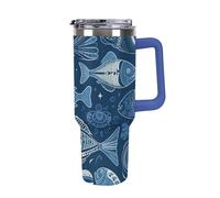 Vqqkasmn Tasse de voiture avec poignée - Bouteille d'eau en acier inoxydable 304 - Motif poissons et coquillages - Grande capacité - Bouteille de voyage isotherme - Pour thé, café