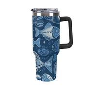 Vqqkasmn Tasse de voiture avec poignée - Bouteille d'eau en acier inoxydable 304 - Motif poissons et coquillages - Grande capacité - Bouteille de voyage isotherme - Pour thé, café