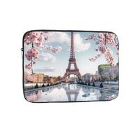 VQUVQV Housse pour ordinateur portable, motif Paris Eiffel Cherry Blossom Sac de transport pour ordinateur portable avec doublure douce rembourrée et fermeture éclair pour homme et femme