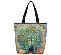 VQUVQV Sacs fourre-tout en toile pour femmes et filles, sacs fourre-tout réutilisables en toile avec poches zippées, Un beau paon avec plumes, Taille unique