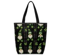 VQUVQV Sacs fourre-tout en toile pour femmes et filles, sacs fourre-tout réutilisables en toile avec poches zippées, Green Gnomes Clover Black Plaid, Taille unique