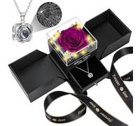 Vraie Rose Éternelle avec Collier Cœur I Love You - Coffret Cadeau Femme Luxe,Idée Cadeau Saint Valentin, Noël, Fête des Mères, Anniversaire pour Maman, Épouse, Copine-La Couleur Violette