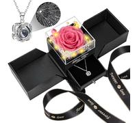 Vraie Rose Éternelle avec Collier Cœur I Love You - Coffret Cadeau Femme Luxe,Idée Cadeau Saint Valentin, Noël, Fête des Mères, Anniversaire pour Maman, Épouse, Copine-Couleur Rose