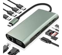 Vrebrey Station d'accueil USB C 11 en 1, adaptateur multiport de type C avec HDMI 4K, VGA, 100 W PD, USB 3.0, Ethernet RJ45, lecteur de carte SD/TF, AUX, compatible avec MacBook Pro/Air, Chromebook