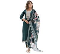 VredeVogel Ensemble Kurta avec Dupatta | Ensemble Kurta brodé en soie romaine en viscose pour femme, vert, Large