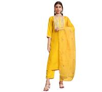 VredeVogel Ensemble Kurta brodé en soie mélangée avec pantalon et dupatta pour femme, Jaune, L