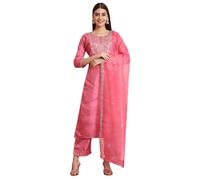 VredeVogel Ensemble Kurta brodé en soie mélangée avec pantalon et dupatta pour femme, Rouge, 36