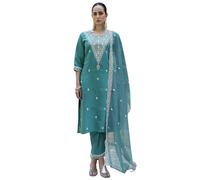 VredeVogel Ensemble Kurta brodé en soie mélangée avec pantalon et organza pour femme, Bleu sarcelle, L