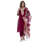 VredeVogel Ensemble Kurta brodé en soie romaine en viscose avec pantalon et dupatta pour femme, bordeaux, Large