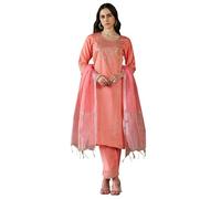 VredeVogel Ensemble Kurta brodé en viscose rayonne avec pantalon et chanderi en soie pour femme, Pêche, 2XL