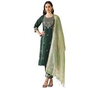 VredeVogel Ensemble Kurta brodé en viscose rayonne avec pantalon et chanderi en soie pour femme, Vert, XXL