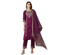 VredeVogel Ensemble Kurta brodé en viscose rayonne avec pantalon et chanderi en soie pour femme, Violet, M