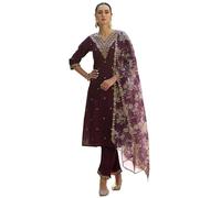 VredeVogel Ensemble Kurta brodé en viscose rayonne avec pantalon et dupatta en organza pour femme, Violet, M