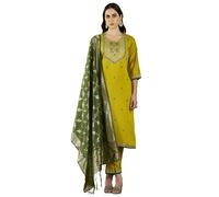 VredeVogel Ensemble Kurta brodé en viscose rayonne avec pantalon et dupatta en soie Banarasi pour femme, Citron, XL